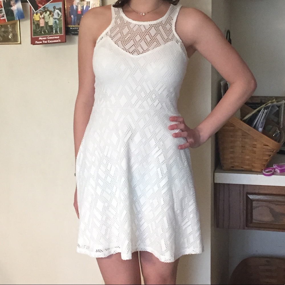 White geometric lace A-line dress